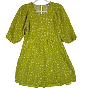NLT Ditsy Floral Puff Sleeve Mini Dress Womens Size S Green Rayon Lined Tie Back
